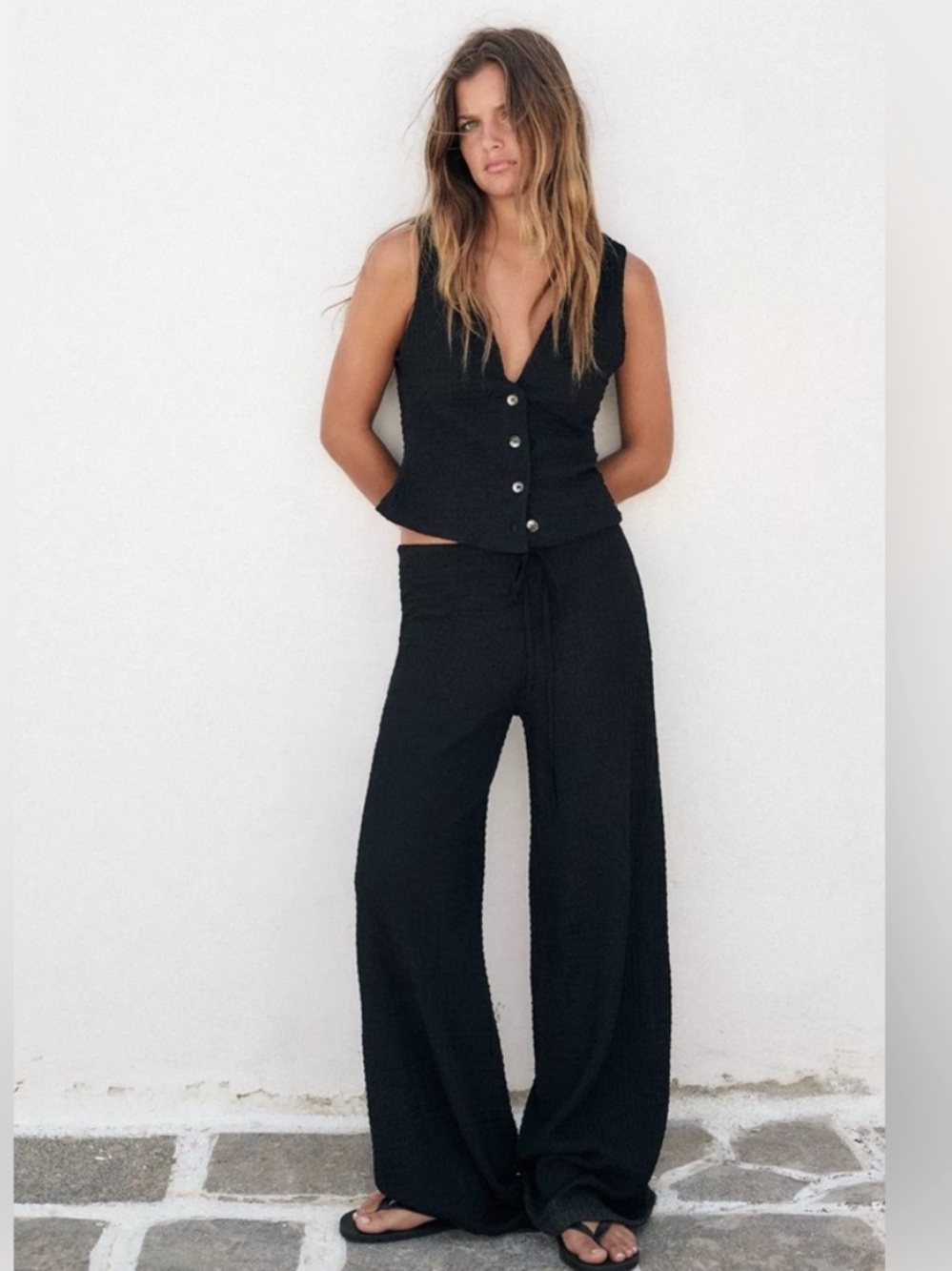 Zara 2-Piece Textured Co-Ord Matching Set Buttoned Vest & Wide Leg Pants Small